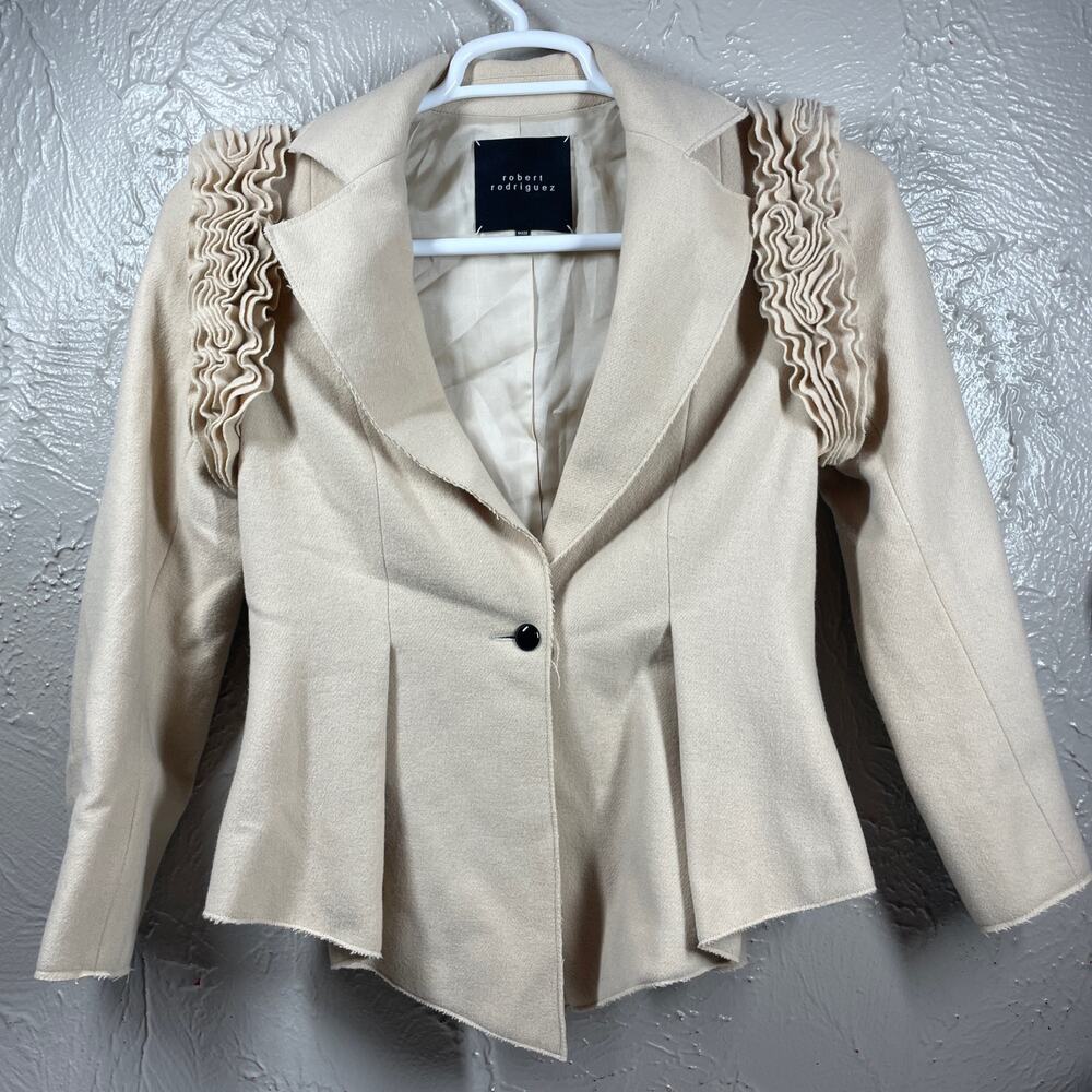 Robert Rodriguez Beige‎ Peplum Ruffle Fitted Crop Boho Blazer Jacket Size 6 - Picture 2 of 5